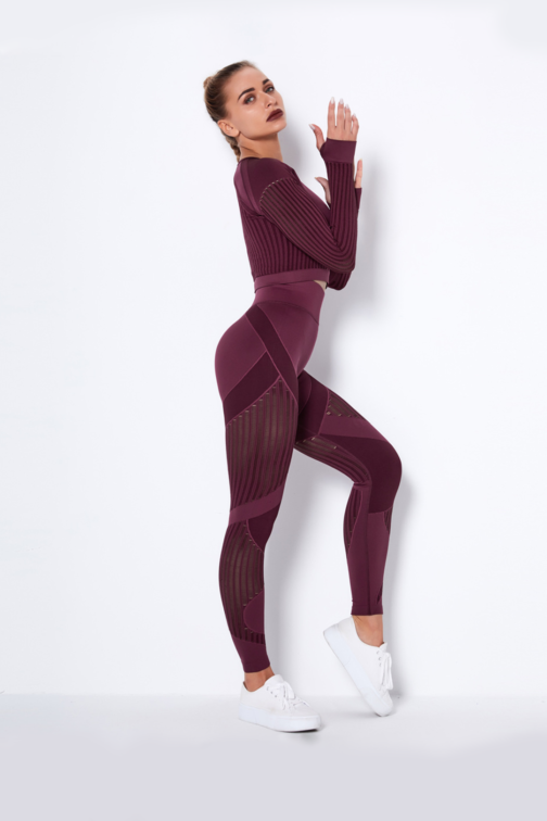 Women Seamless Workout Outfits Sport Long Sleeve And Legging Wine Red Maroon Net