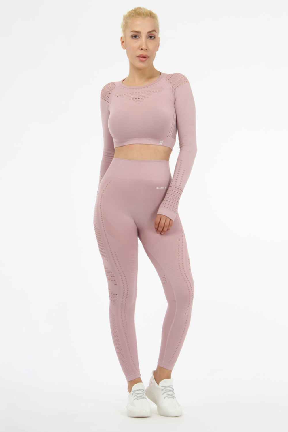 Women Seamless Workout Outfits Sport Long Sleeve And Legging Light Peachy-Pink Net