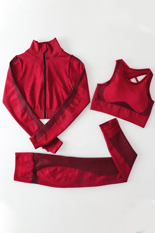 Samless Women 3pcs Yoga Sets Fitness Sport Suit Long Sleeve Zipper with Sport Bra & Leggings Pants Red