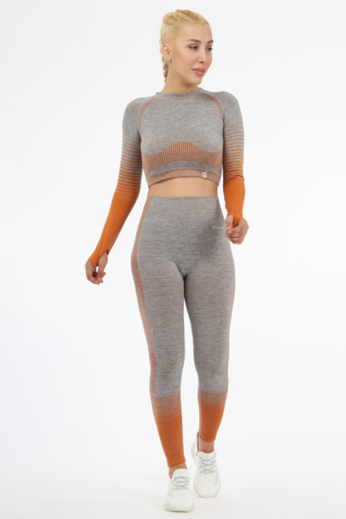 Women Seamless Workout Outfits Sport Long Sleeve And Legging Orange Grey