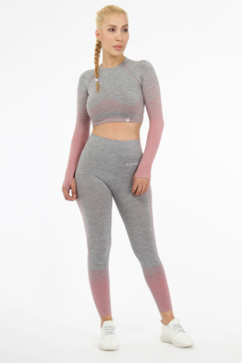 Women Seamless Workout Outfits Sport Long Sleeve And Legging Pink Grey