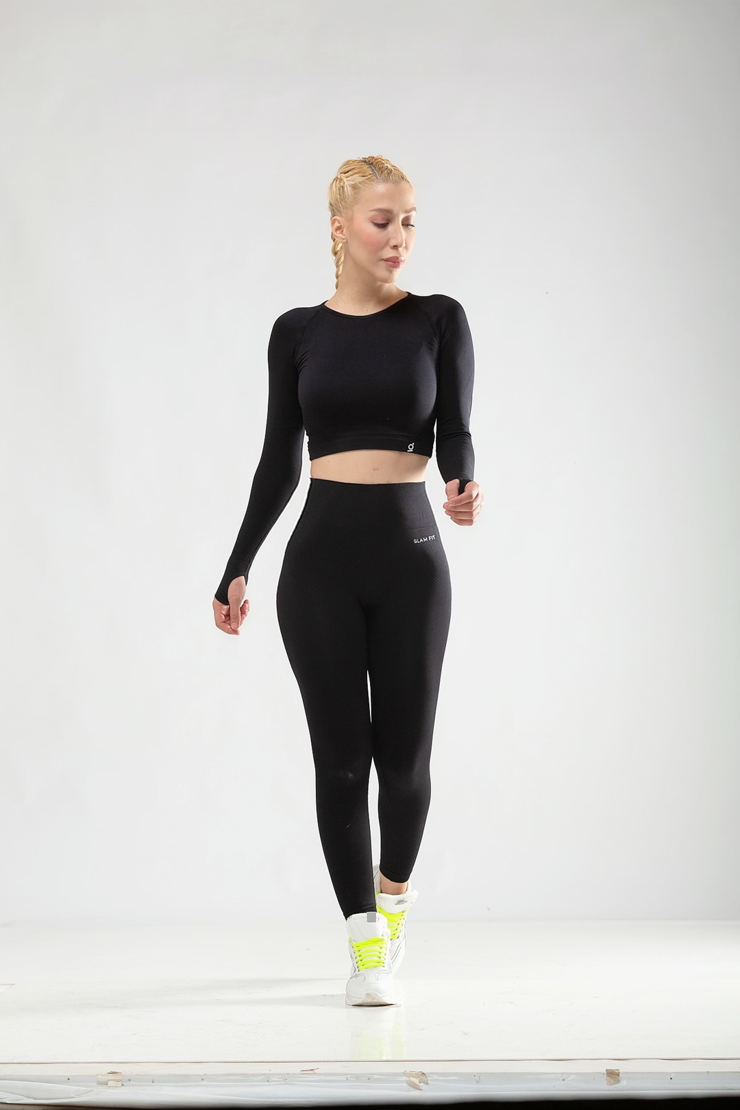 Women Seamless Workout Outfits Sport Long Sleeve And Legging Black ZigZag  Pattern