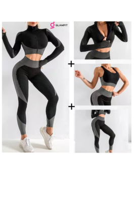Women Long Sleeve 2PC Set Yoga Sport Suit Zipper Top Workout Clothes Gym  Fitness
