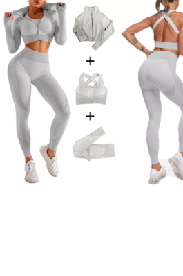 Samless Women 3pcs Yoga Sets Fitness Sport Suit Long Sleeve Zipper with Sport Bra & Leggings Pants White & Grey
