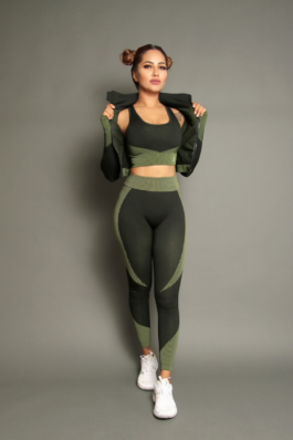 Samless Women 3pcs Yoga Sets Fitness Sport Suit Long Sleeve Zipper with Sport Bra & Leggings Pants Green & Black