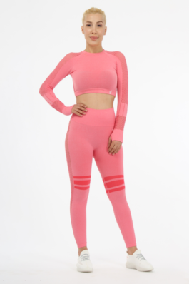 Women Seamless Workout Outfits Sport Long Sleeve And Legging Red Net
