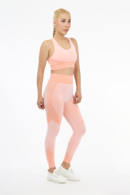 Women Seamless Workout Outfits Sport Long Sleeve And Legging Pink Net