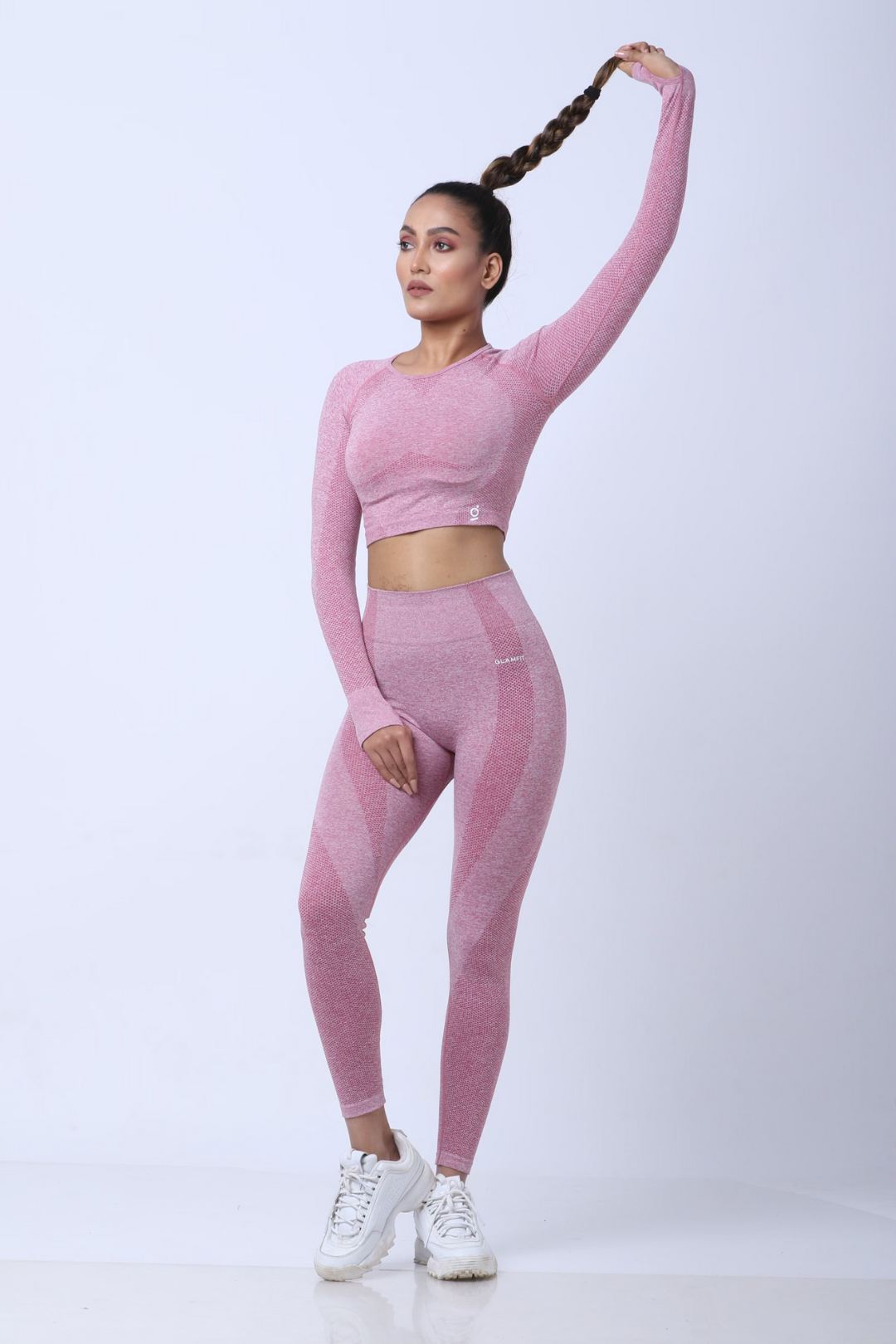 Women Seamless Workout Outfits Sport Long Sleeve And Legging Pink Plain