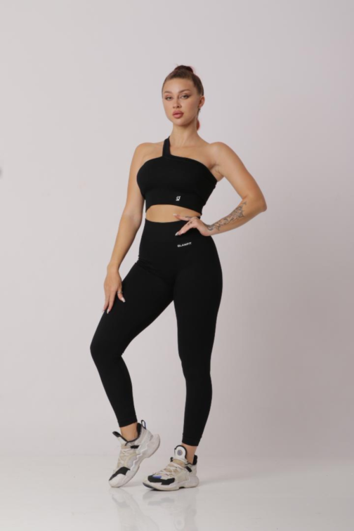 Women Casual Outfits High Waist Leggings With One Shoulder Sport Bra Black