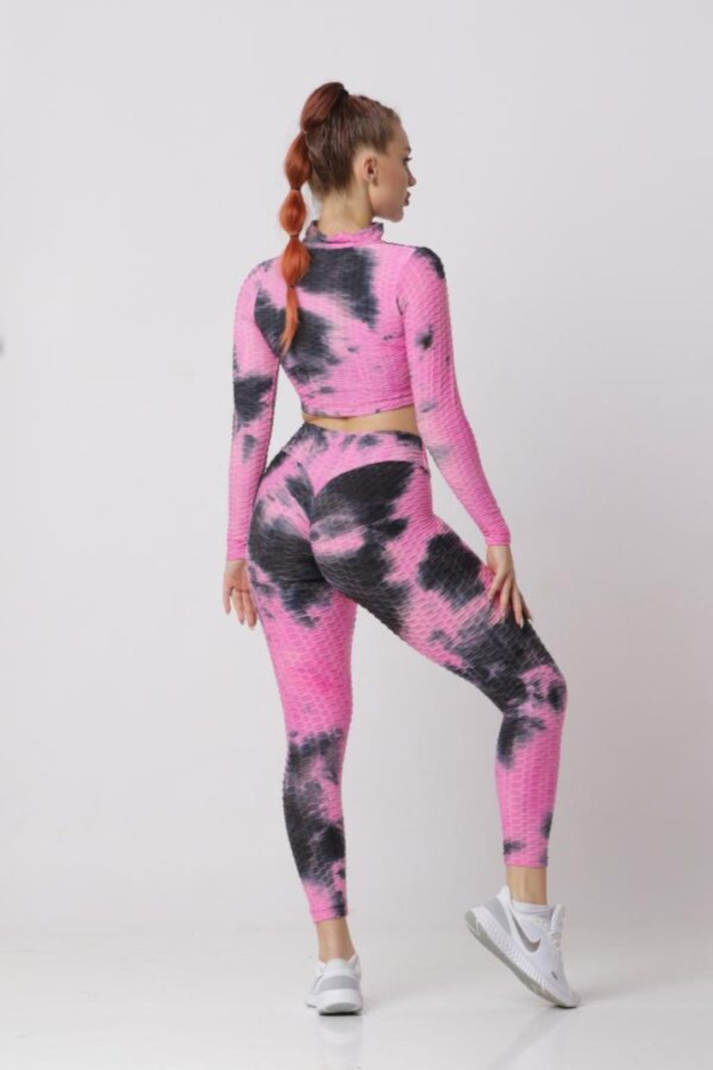 Women Soft Compression Seamless Tie Dye High Waist Leggings Bra and Jacket Set Pink & Black