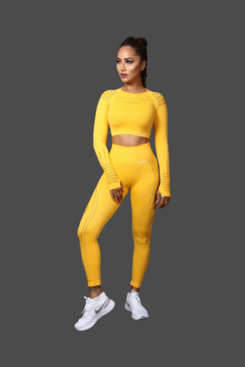 Women Seamless Workout Outfits Sport Long Sleeve And Legging YELLOW