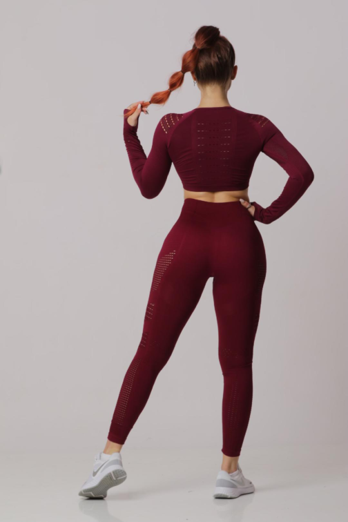 Women Seamless Workout Outfits Sport Long Sleeve And Leggings Wine Maroon