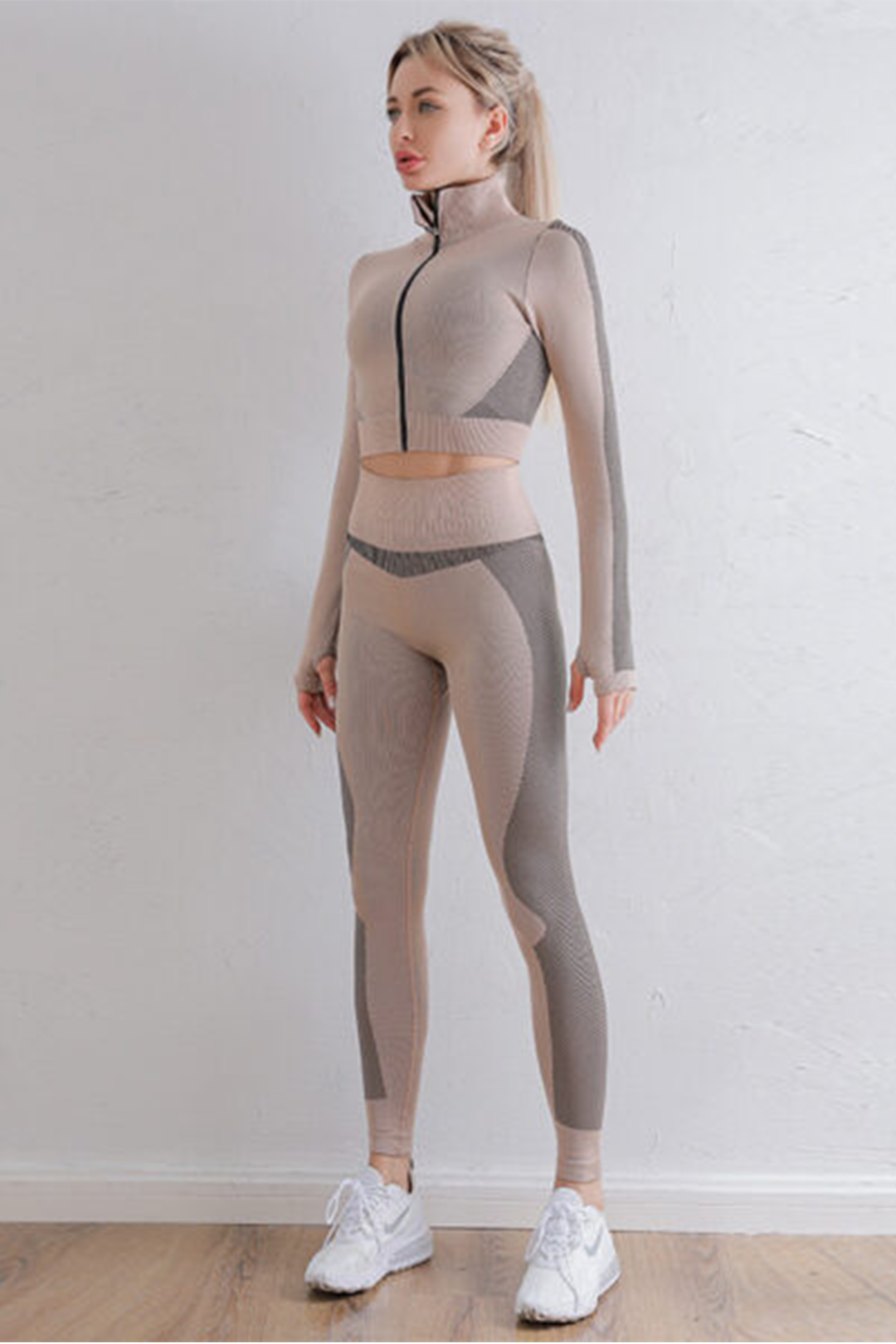 Samless Women 3pcs Yoga Sets Fitness Sport Suit Long Sleeve Zipper with  Sport Bra & Leggings Pants Nude Cream