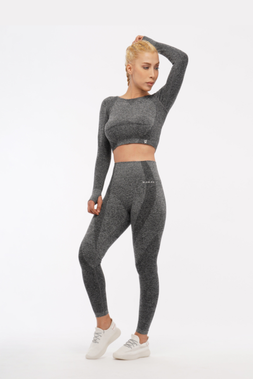 Women Seamless Workout Outfits Sport Long Sleeve And Legging Grey Plain