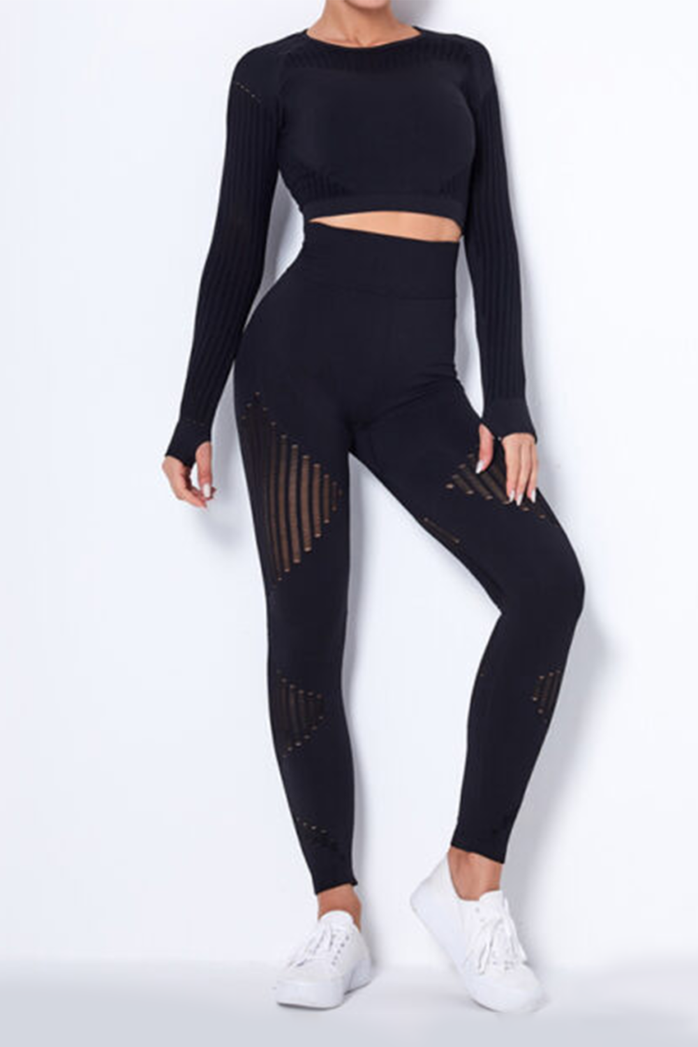 Women Seamless Workout Outfits Sport Long Sleeve And Legging Black