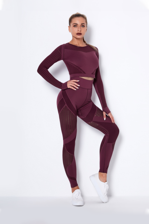 Women Seamless Workout Outfits Sport Long Sleeve And Legging Wine Red Maroon Net