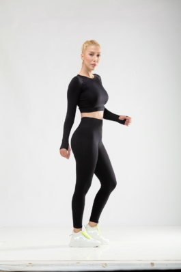 Women Seamless Workout Outfits Sport Long Sleeve And Legging Black ZigZag Pattern