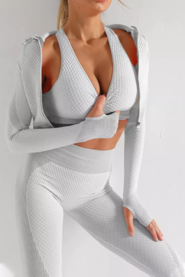 Samless Women 3pcs Yoga Sets Fitness Sport Suit Long Sleeve Zipper with Sport Bra & Leggings Pants White & Grey