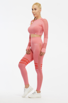 Women Seamless Workout Outfits Sport Long Sleeve And Legging Pink Net