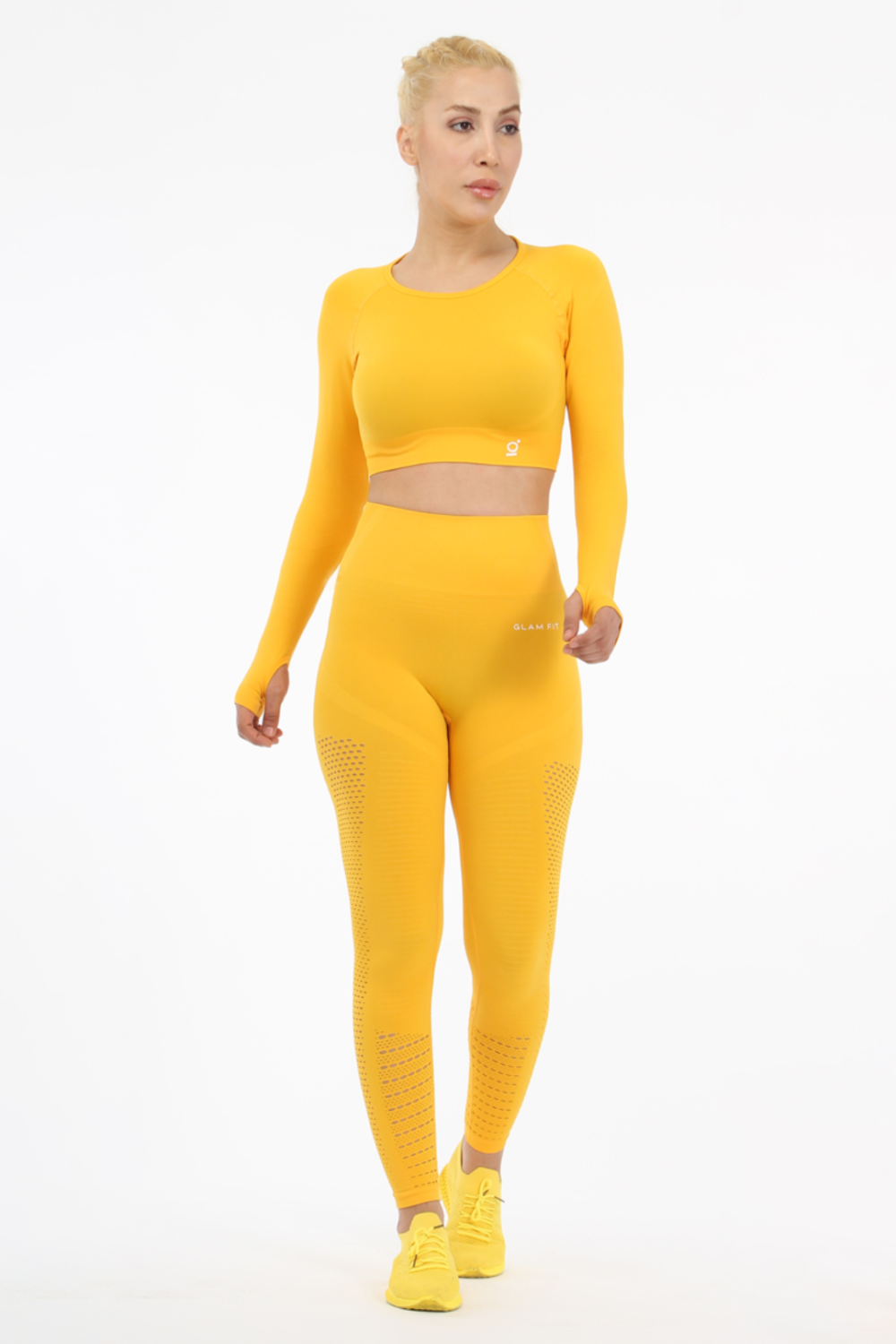 Women Seamless Workout Outfits Sport Long Sleeve And Legging Yellow Net