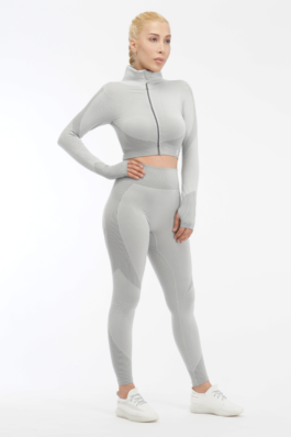 Women Seamless Workout Outfits 2pcs Sport Long Sleeve Zipper And Legging White Gray