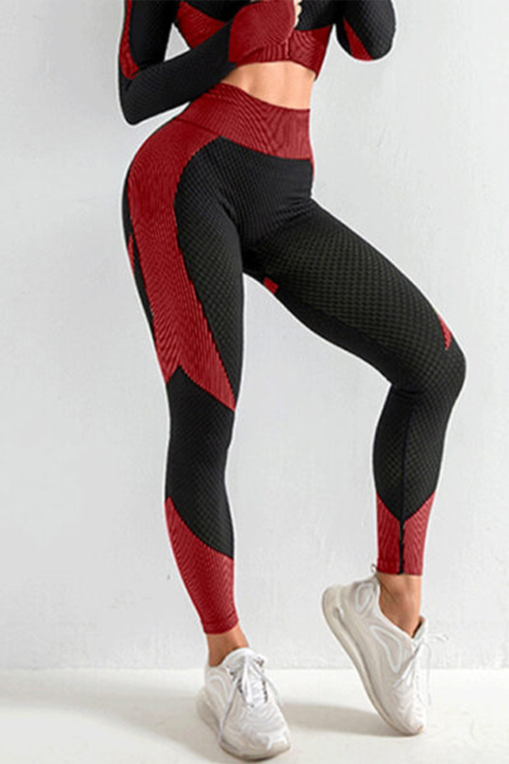 Seamless Women 3pcs Yoga Sets Fitness Sport Suit Long Sleeve Zipper with Sport Bra & Leggings Pants Black & Red