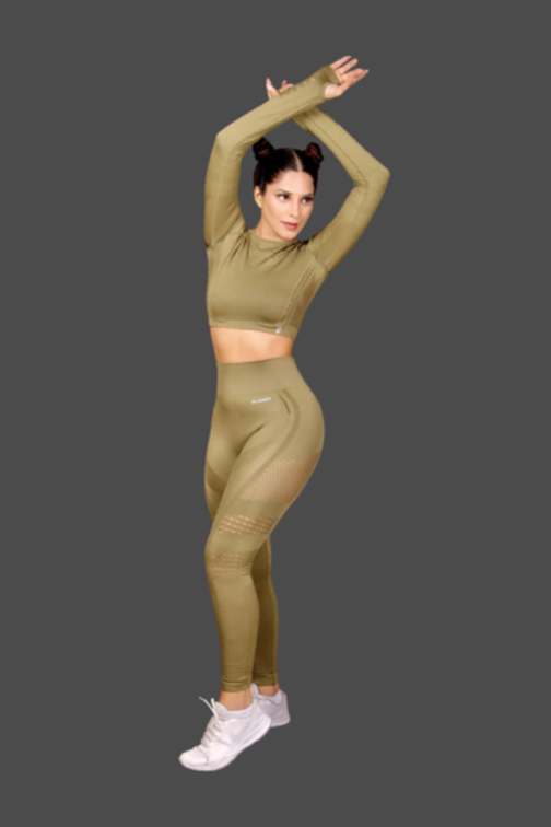 Women Seamless Workout Outfits Sport Long Sleeves And Leggings Khaki