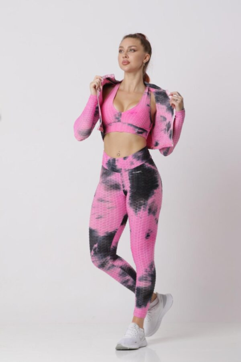 Women Soft Compression Seamless Tie Dye High Waist Leggings Bra and Jacket Set Pink & Black