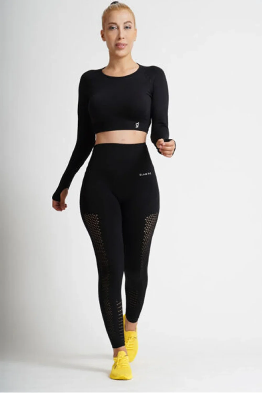 Women Seamless Workout Outfits Sport Long Sleeve And Legging Black