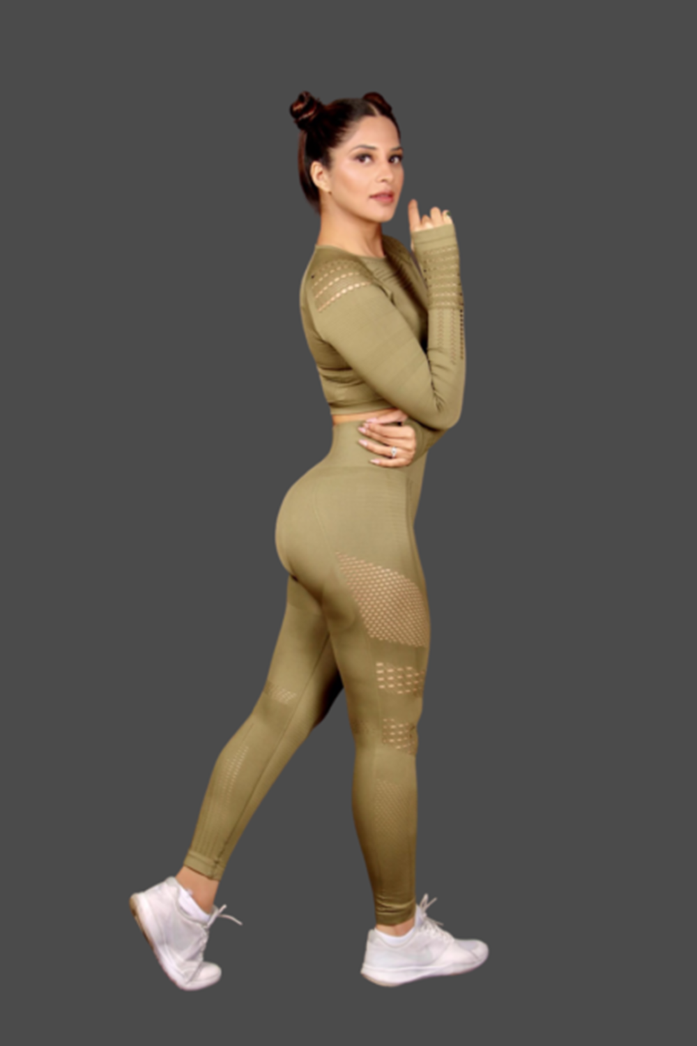 Women Seamless Workout Outfits Sport Long Sleeves And Leggings Khaki