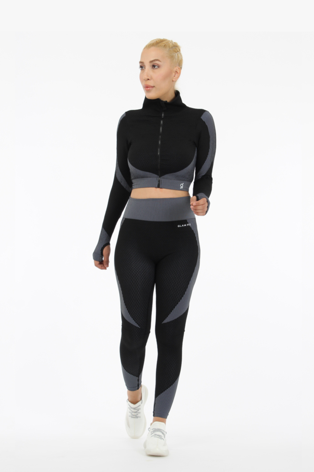 Women Seamless Workout Outfits 2pcs Sport Long Sleeve Zipper And Legging Black White