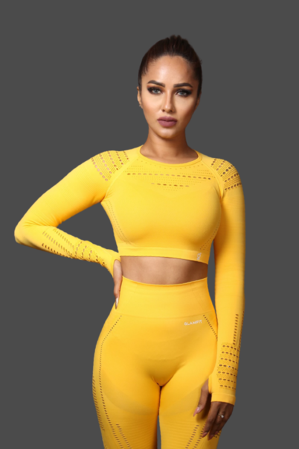 Women Seamless Workout Outfits Sport Long Sleeve And Legging YELLOW