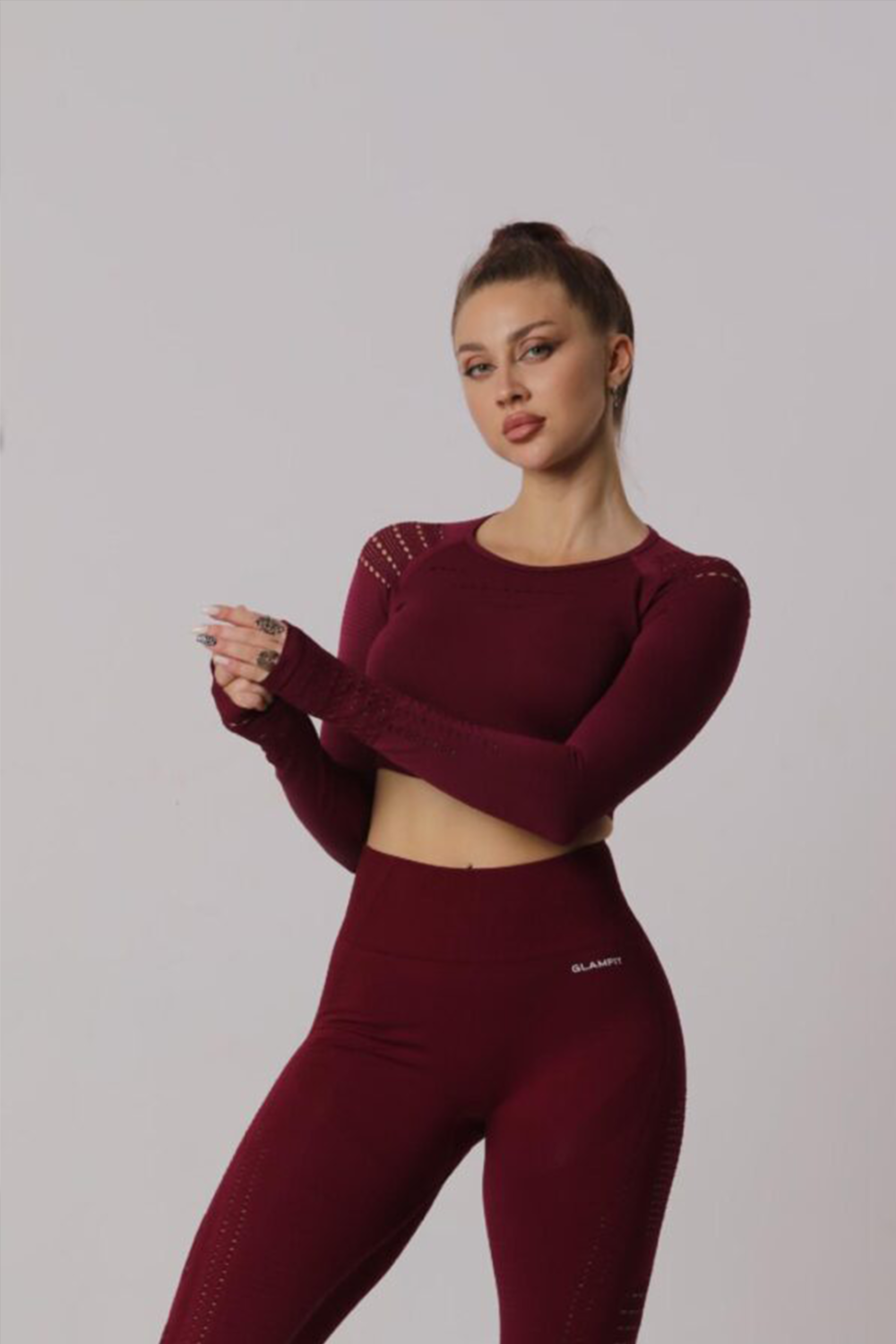 Women Seamless Workout Outfits Sport Long Sleeve And Leggings Wine Maroon