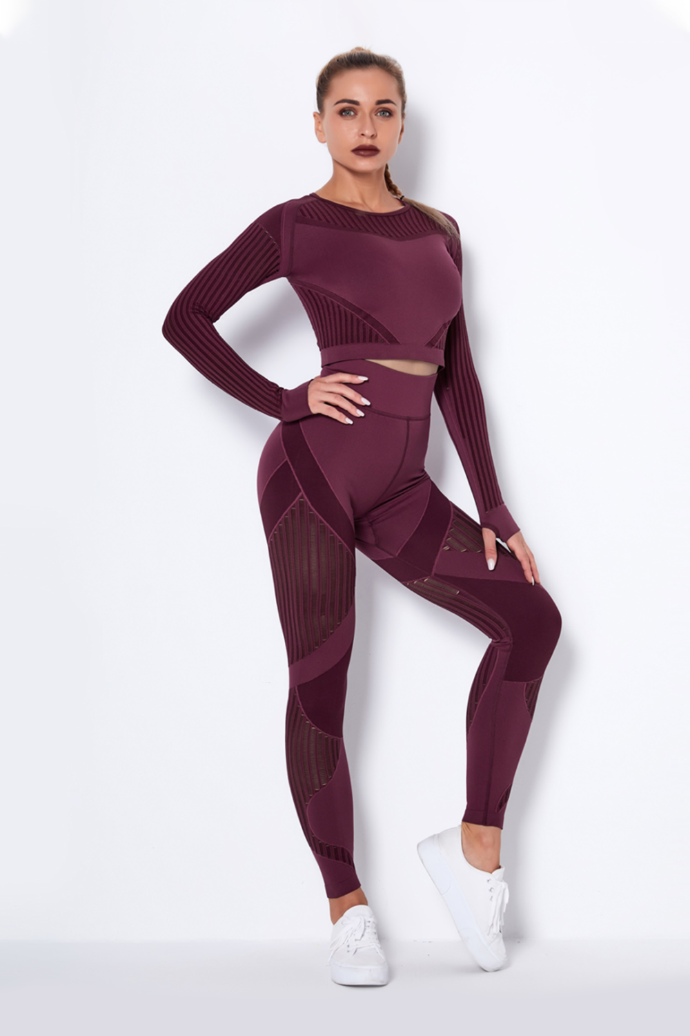 Women Seamless Workout Outfits Sport Long Sleeve And Legging Navy Blue