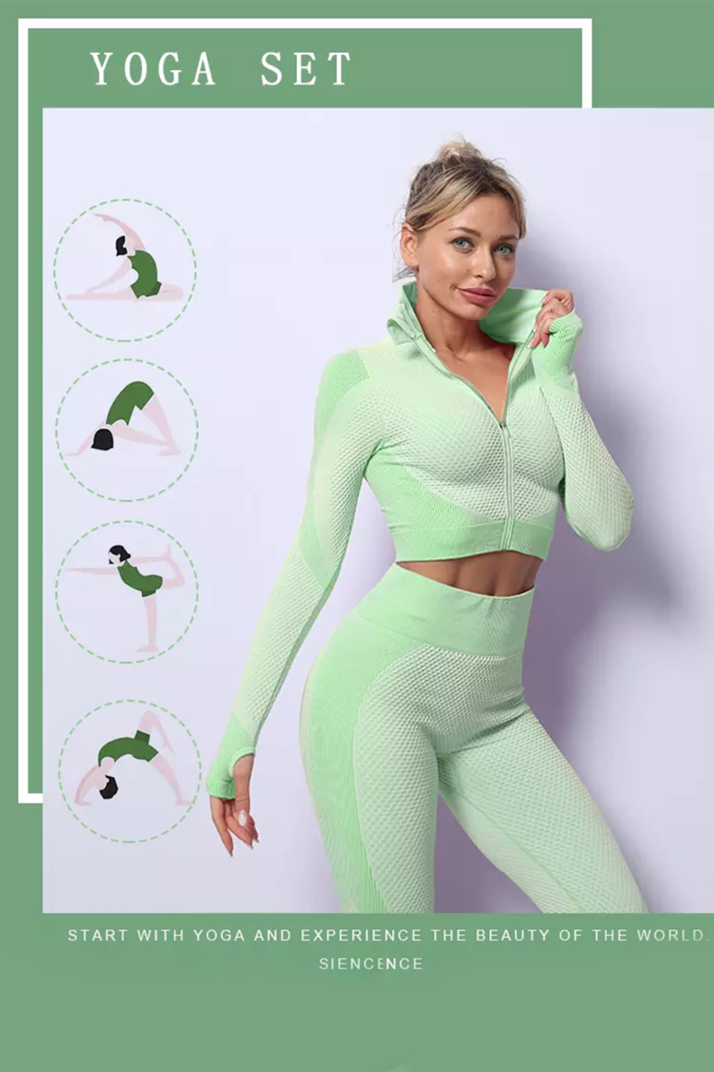 Samless Women 3pcs Yoga Sets Fitness Sport Suit Long Sleeve Zipper with Sport Bra & Leggings Pants Green