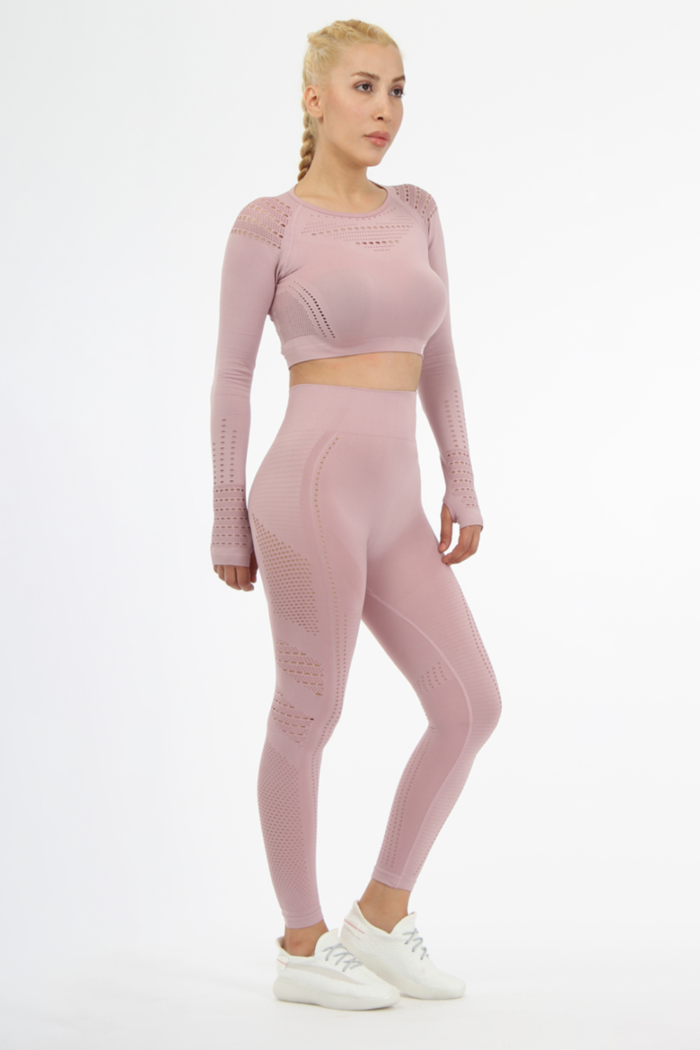 Women Seamless Workout Outfits Sport Long Sleeve And Legging Light Peachy-Pink Net