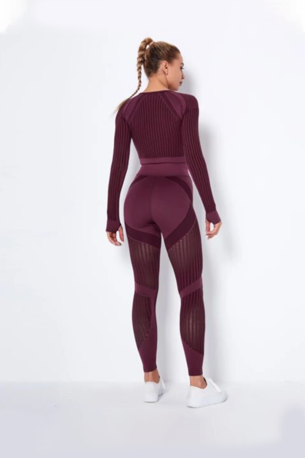 Women Seamless Workout Outfits Sport Long Sleeve And Legging Wine Red Maroon Net