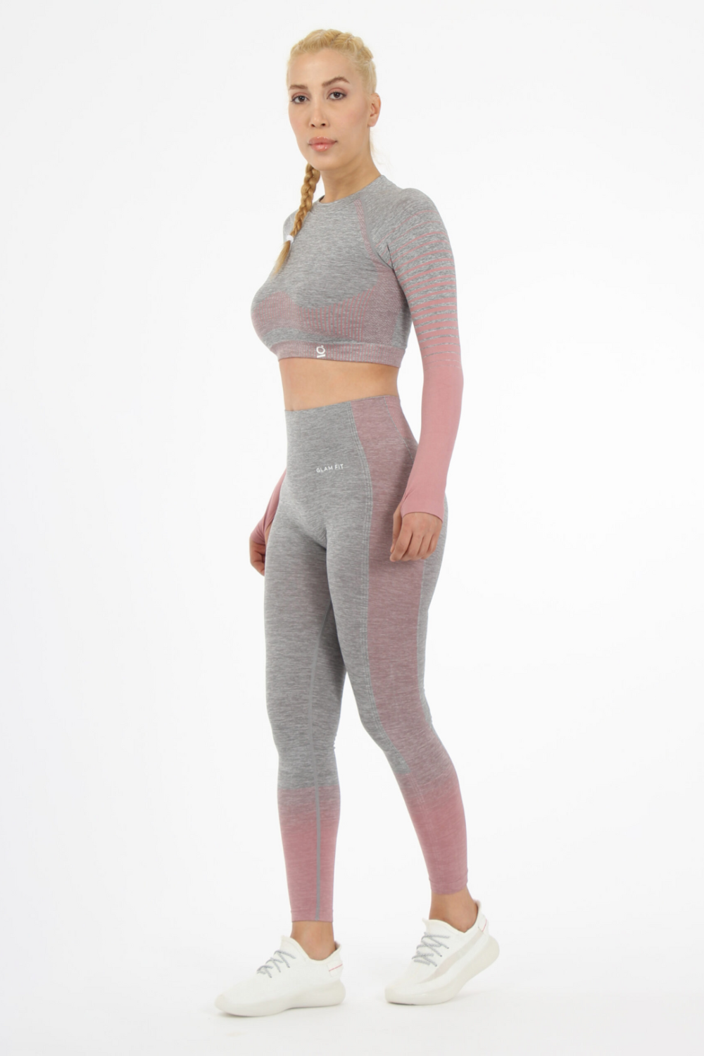 Women Seamless Workout Outfits Sport Long Sleeve And Legging Pink Grey