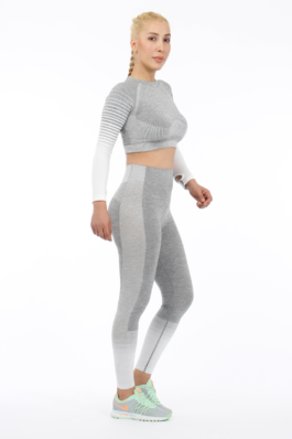 Women Seamless Workout Outfits Sport Long Sleeve And Legging White Gray