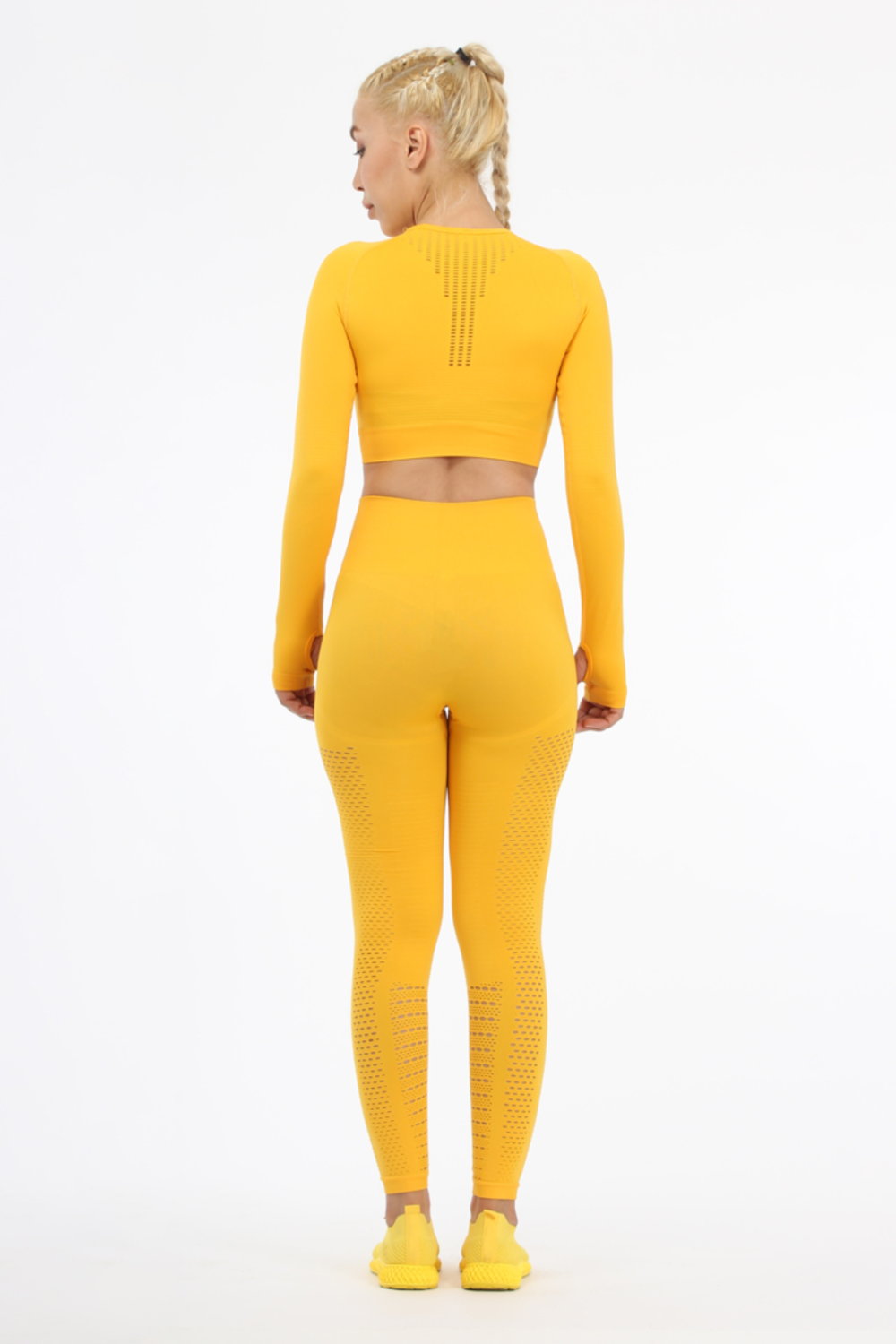 Women Seamless Workout Outfits Sport Long Sleeve And Legging Yellow Net