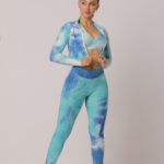 Women Soft Compression Seamless Tie Dye Scrunch Back Fitness Leggings Bra and Jacket Set Sky Blue and Turquoise