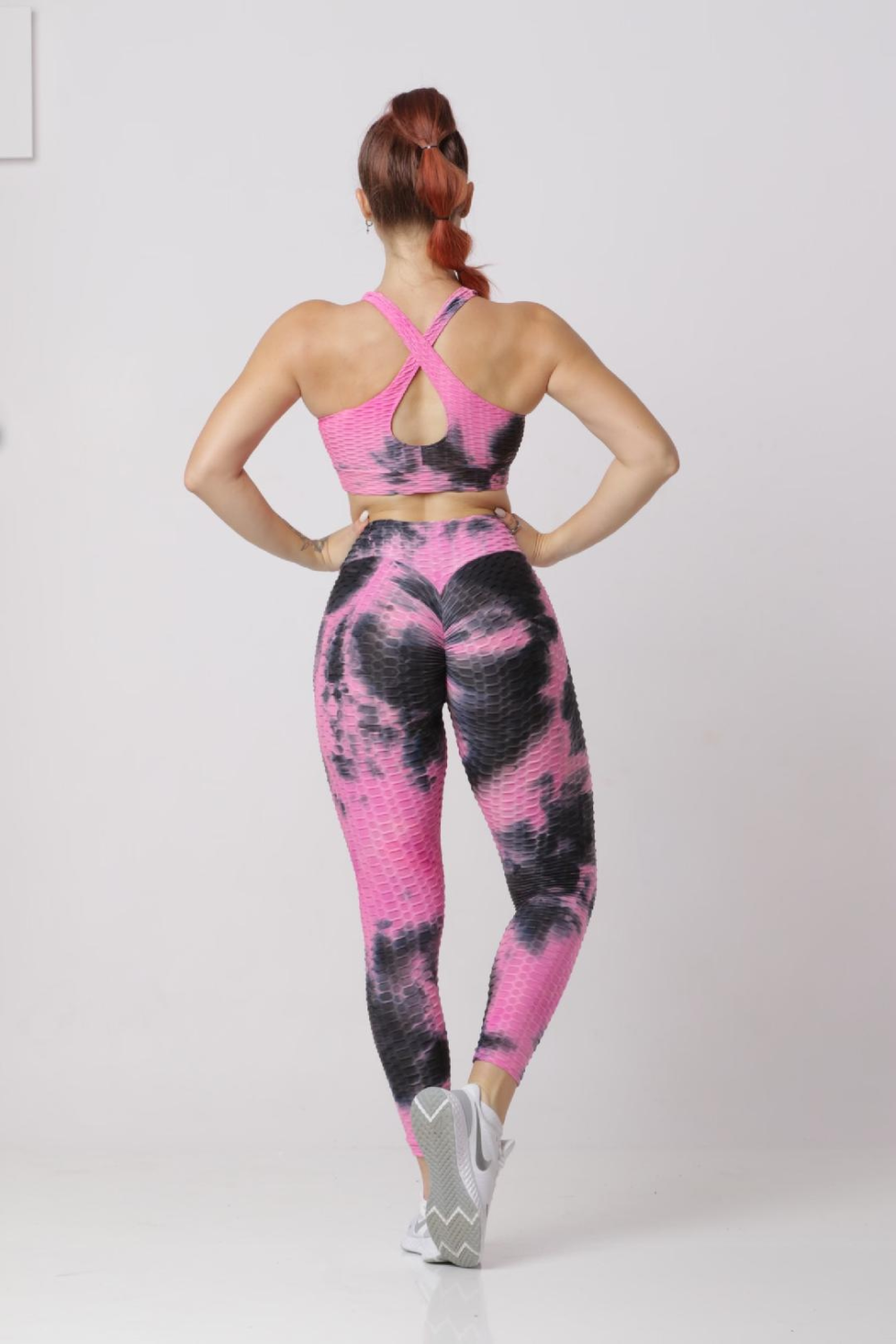 Women Soft Compression Seamless Tie Dye High Waist Leggings Bra and Jacket Set Pink & Black