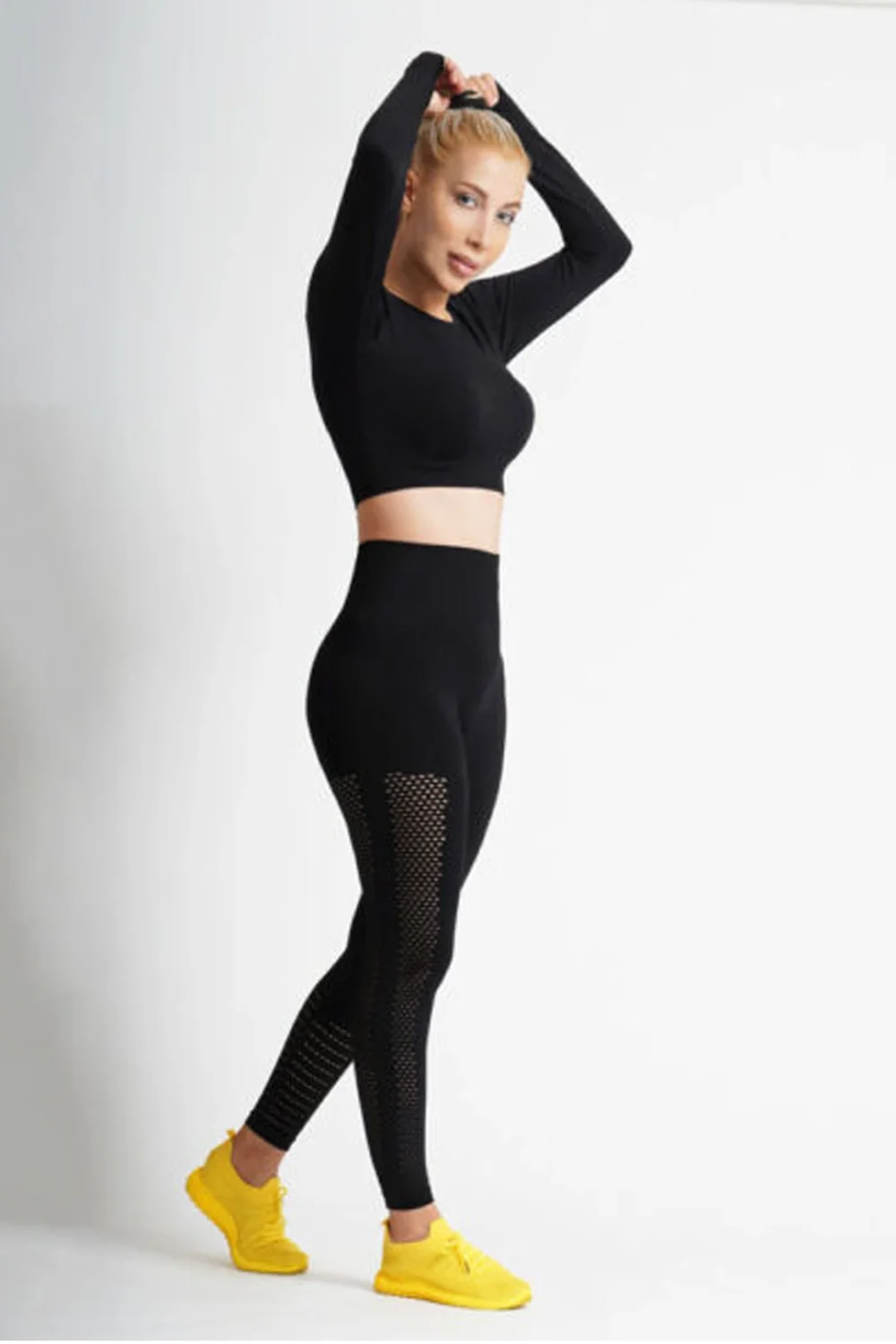 Women Seamless Workout Outfits Sport Long Sleeve And Legging Black