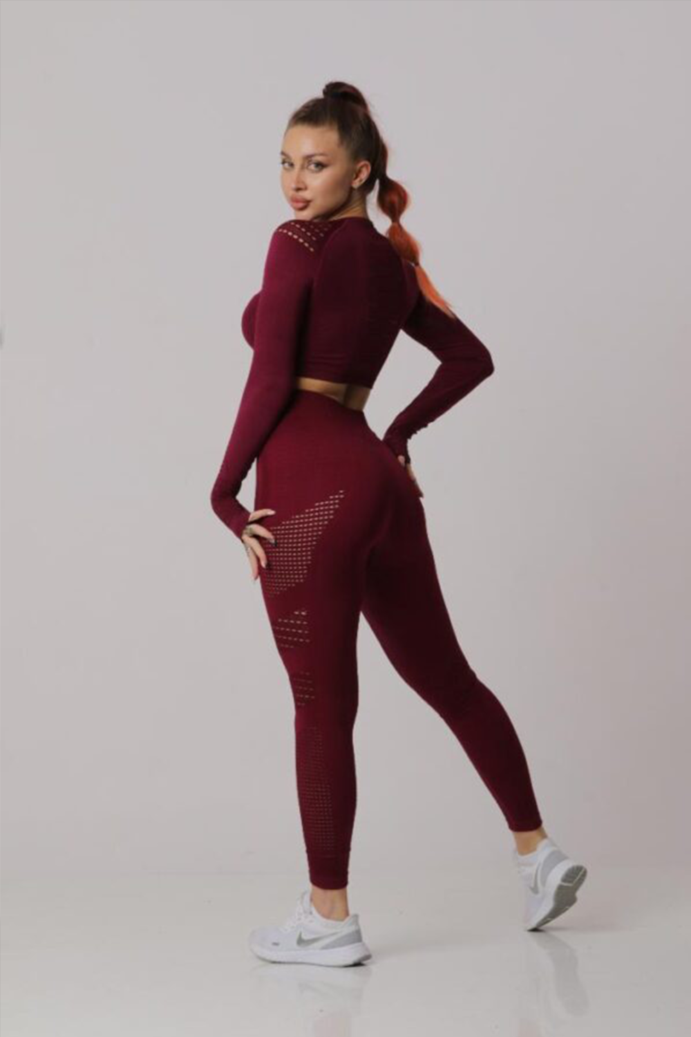 Women Seamless Workout Outfits Sport Long Sleeve And Leggings Wine Maroon