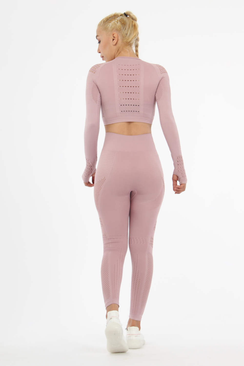 Women Seamless Workout Outfits Sport Long Sleeve And Legging Light Peachy-Pink Net