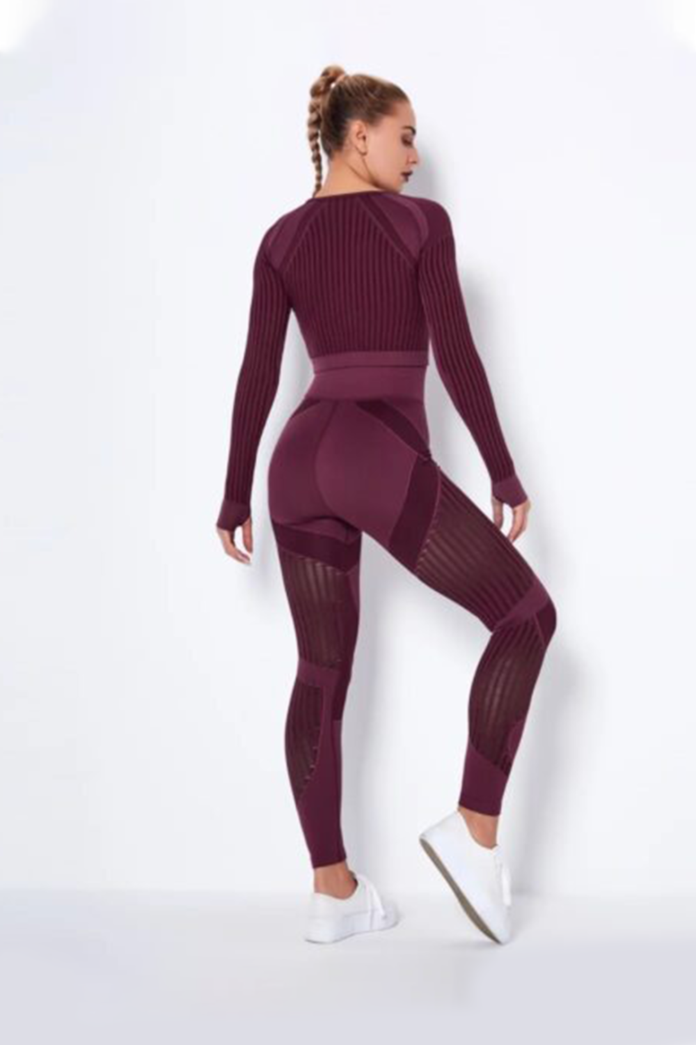 Women Seamless Workout Outfits Sport Long Sleeve And Legging Wine Red Maroon Net