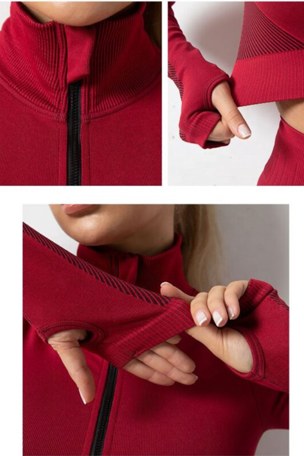 Seamless Women 3pcs Yoga Sets Fitness Sport Suit Long Sleeve Zipper with Sport Bra & Leggings Pants Red