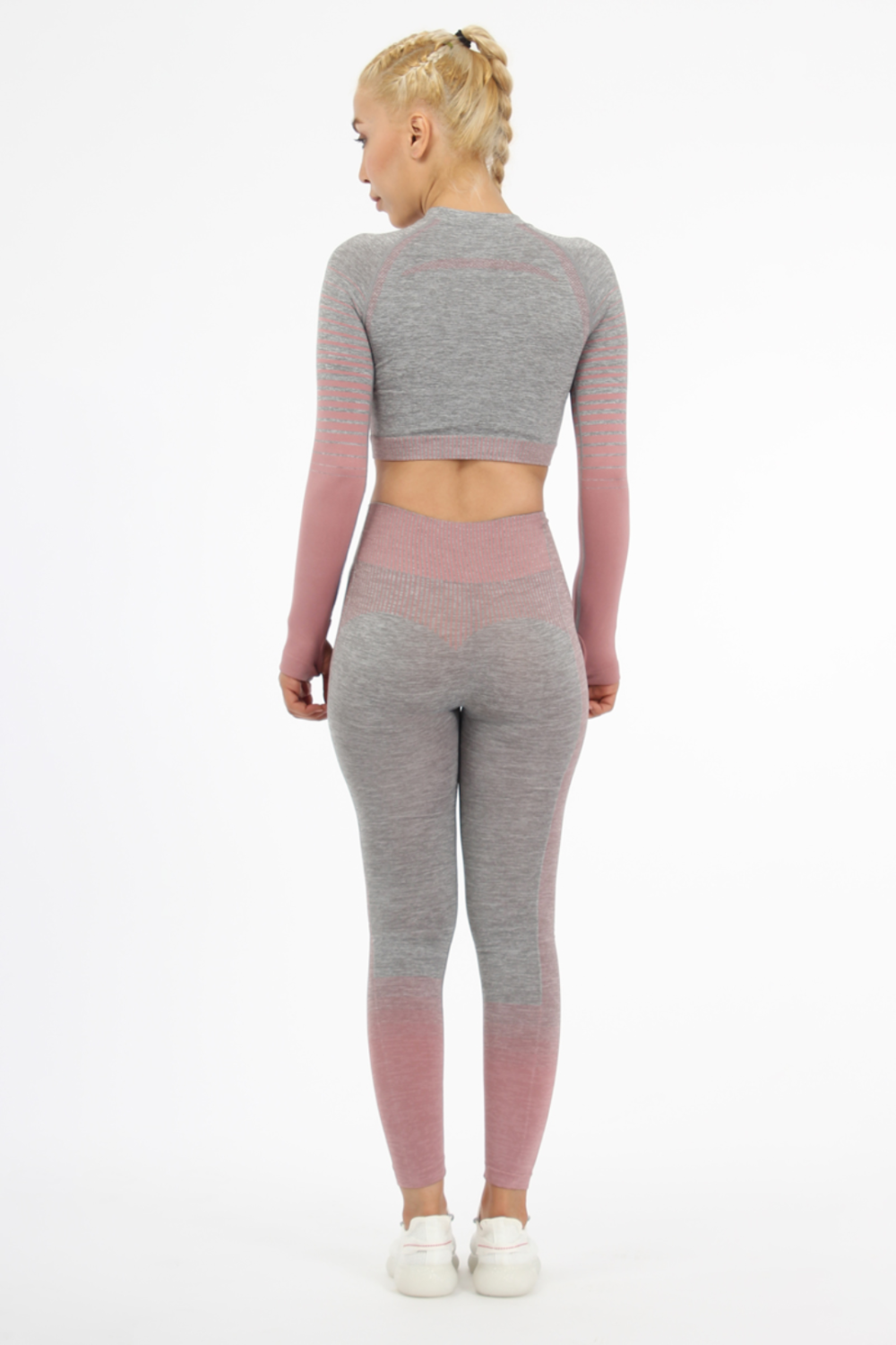 Women Seamless Workout Outfits Sport Long Sleeve And Legging Pink Grey