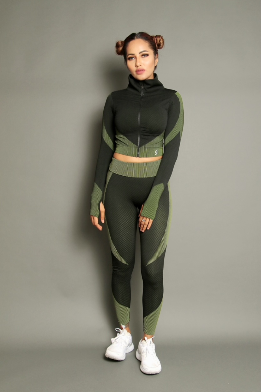 Samless Women 3pcs Yoga Sets Fitness Sport Suit Long Sleeve Zipper with Sport Bra & Leggings Pants Green & Black