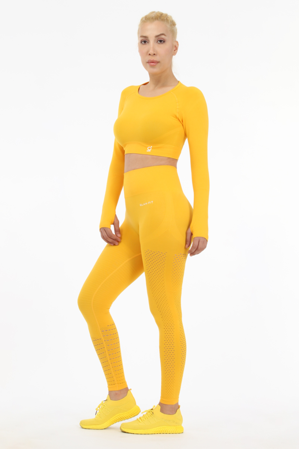 Women Seamless Workout Outfits Sport Long Sleeve And Legging Yellow Net